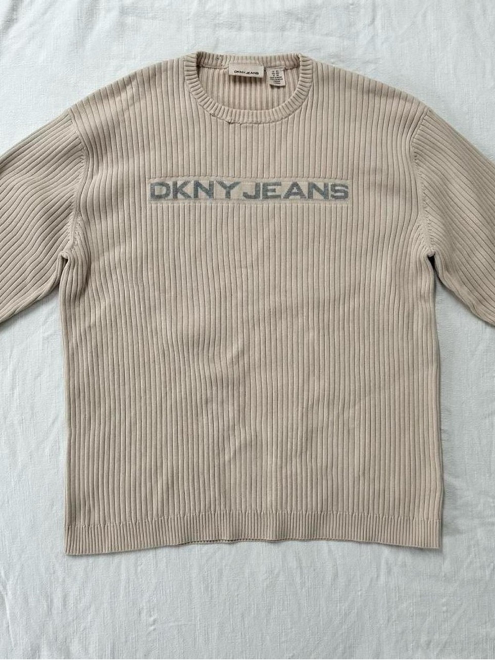 Vintage DKNY Ribbed Knit Sweater Cream Minimalist Oversized Logo Pullover XXL